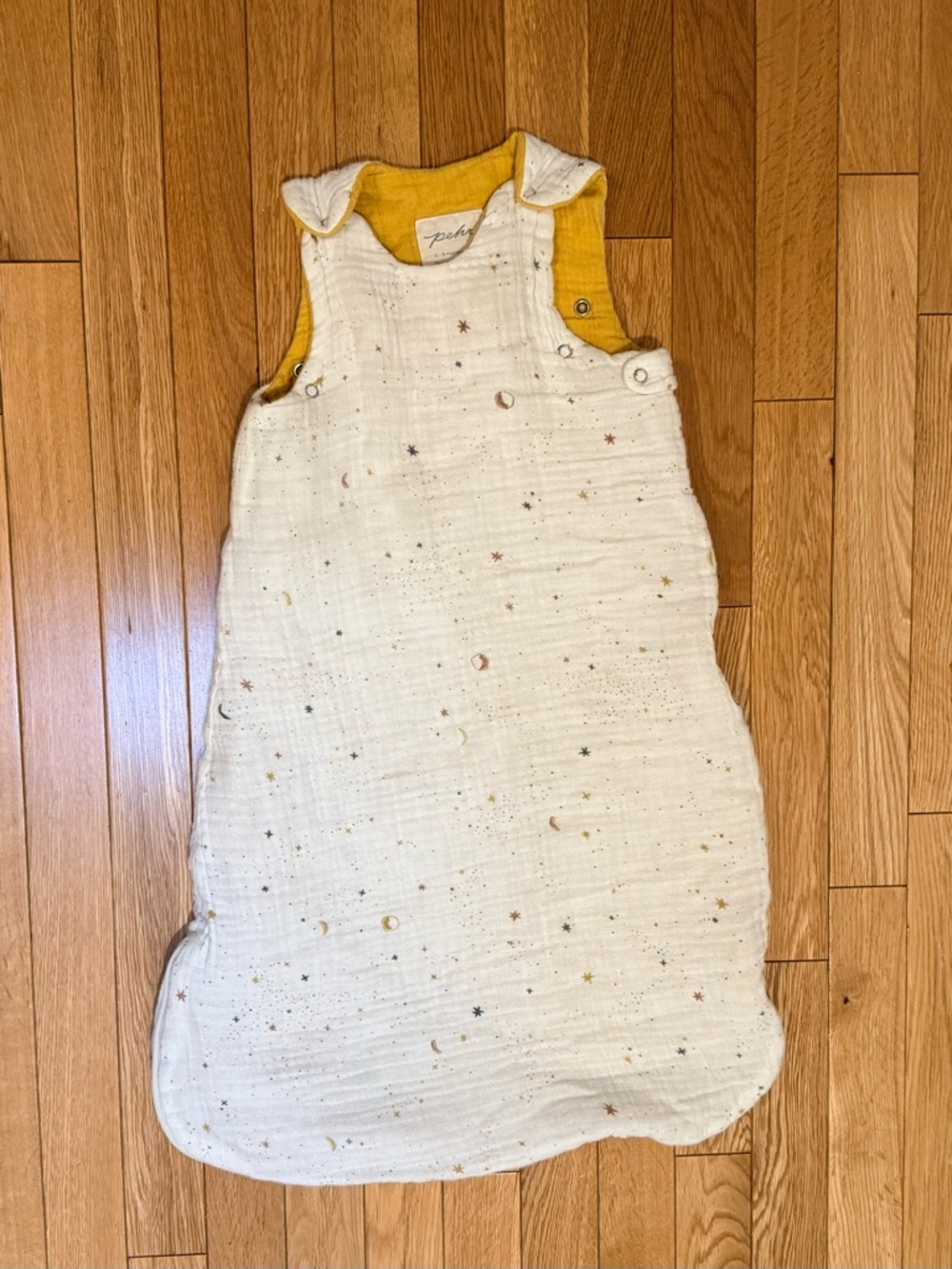 Pehr Cream Muslin Sleep Sack with Mustard Lining and star print 0-9 months